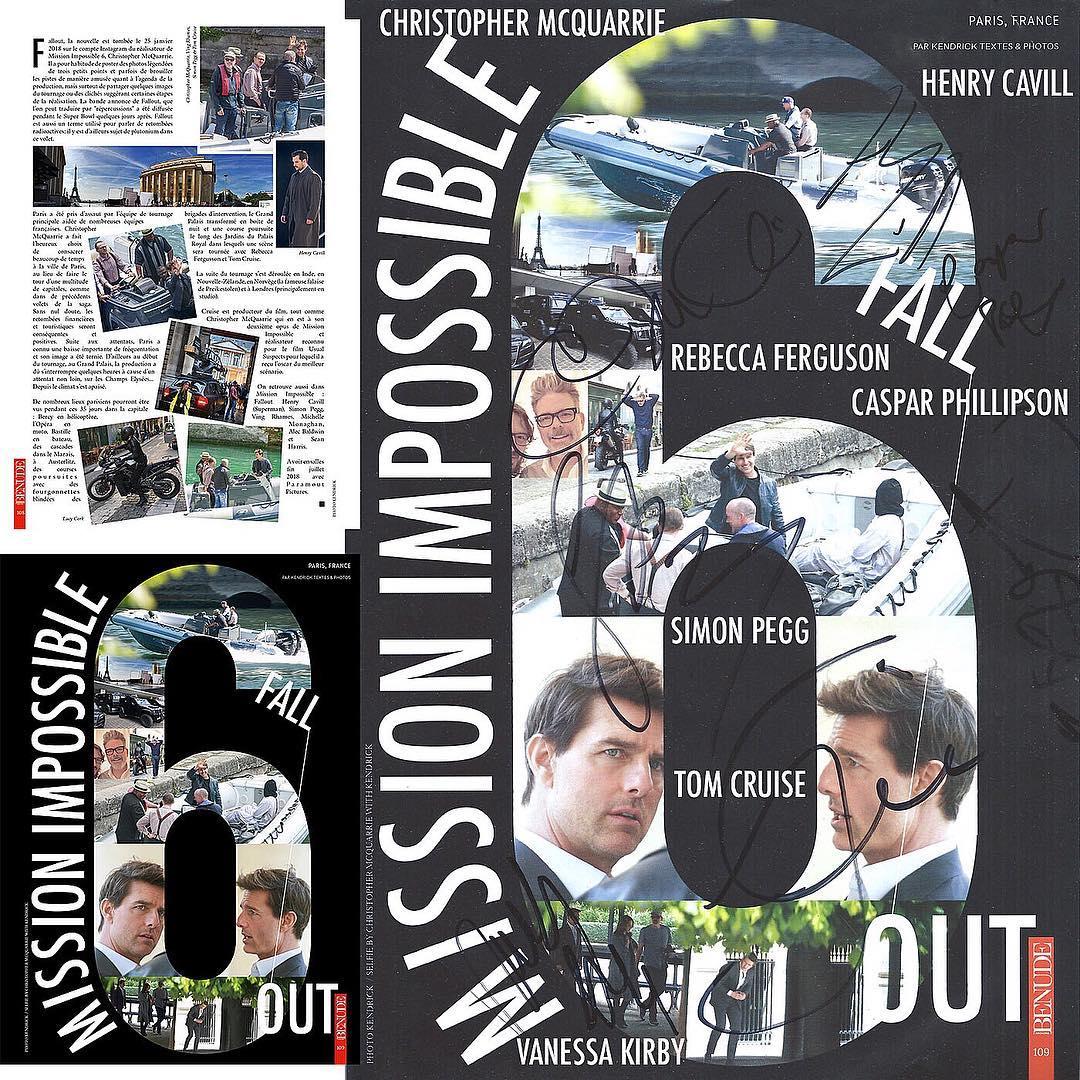 Mission Impossible 6 magazine pages signed by Tom Cruise, Henry Cavill, Christopher McQuarrie, Simon Pegg, Rebecca Ferguson - photos by Kendrick
