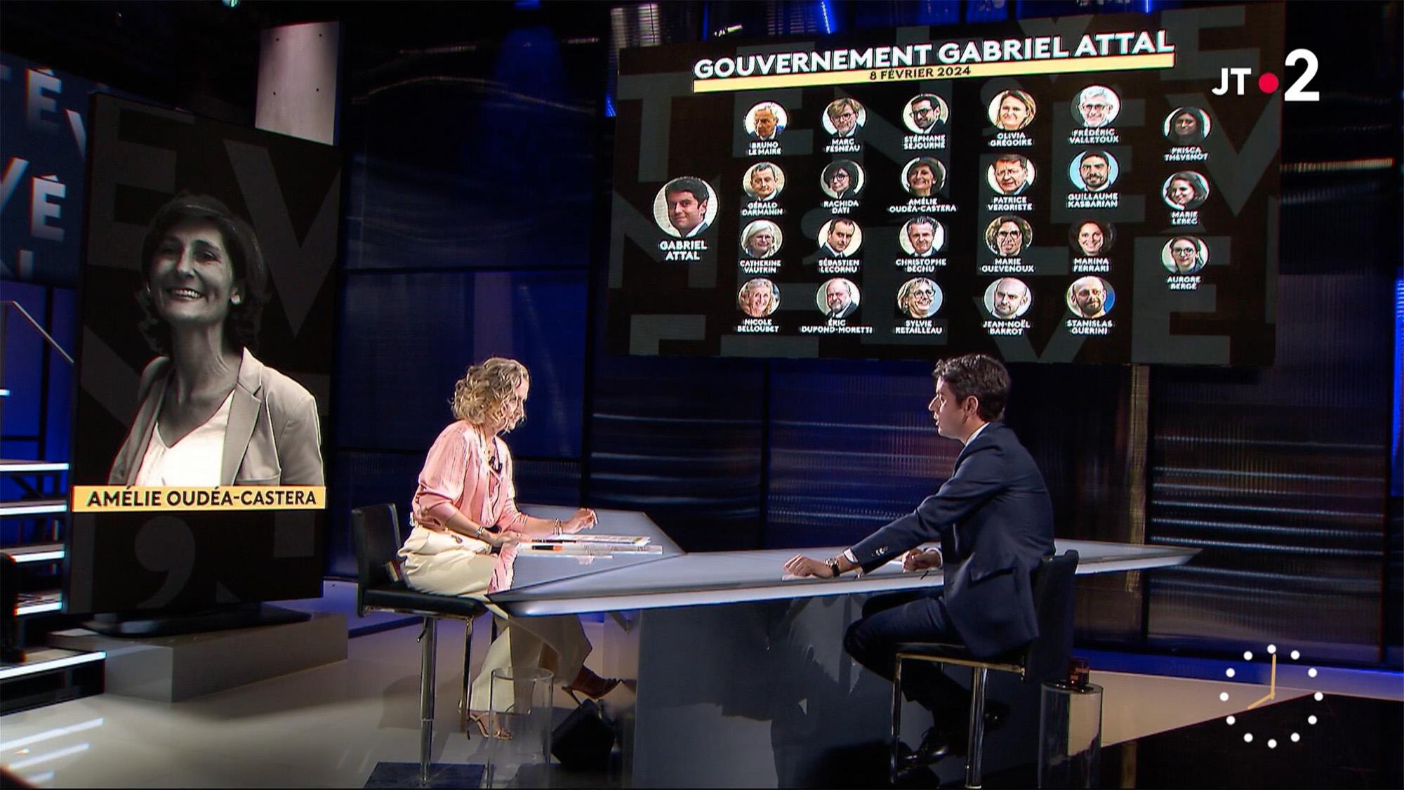 Caroline Roux wears the beige sandals on the France 2 news, interviewing Prime Minister Gabriel Attal